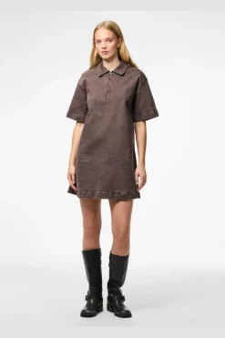 New Pieces Pcselma 3/4 Zip Denim Dress Fsy 4973772 Hot Fudge