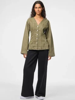 Pieces Pcsilke Ls Col Denim Shirt 5003563 Military Olive