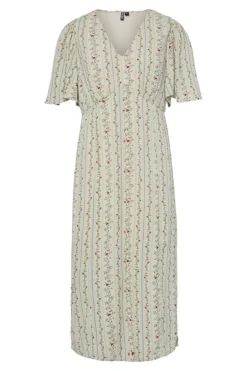 Best Pieces Pctaitlyn Ss V-Neck Midi Dress 4822602 Birch Striped Flower