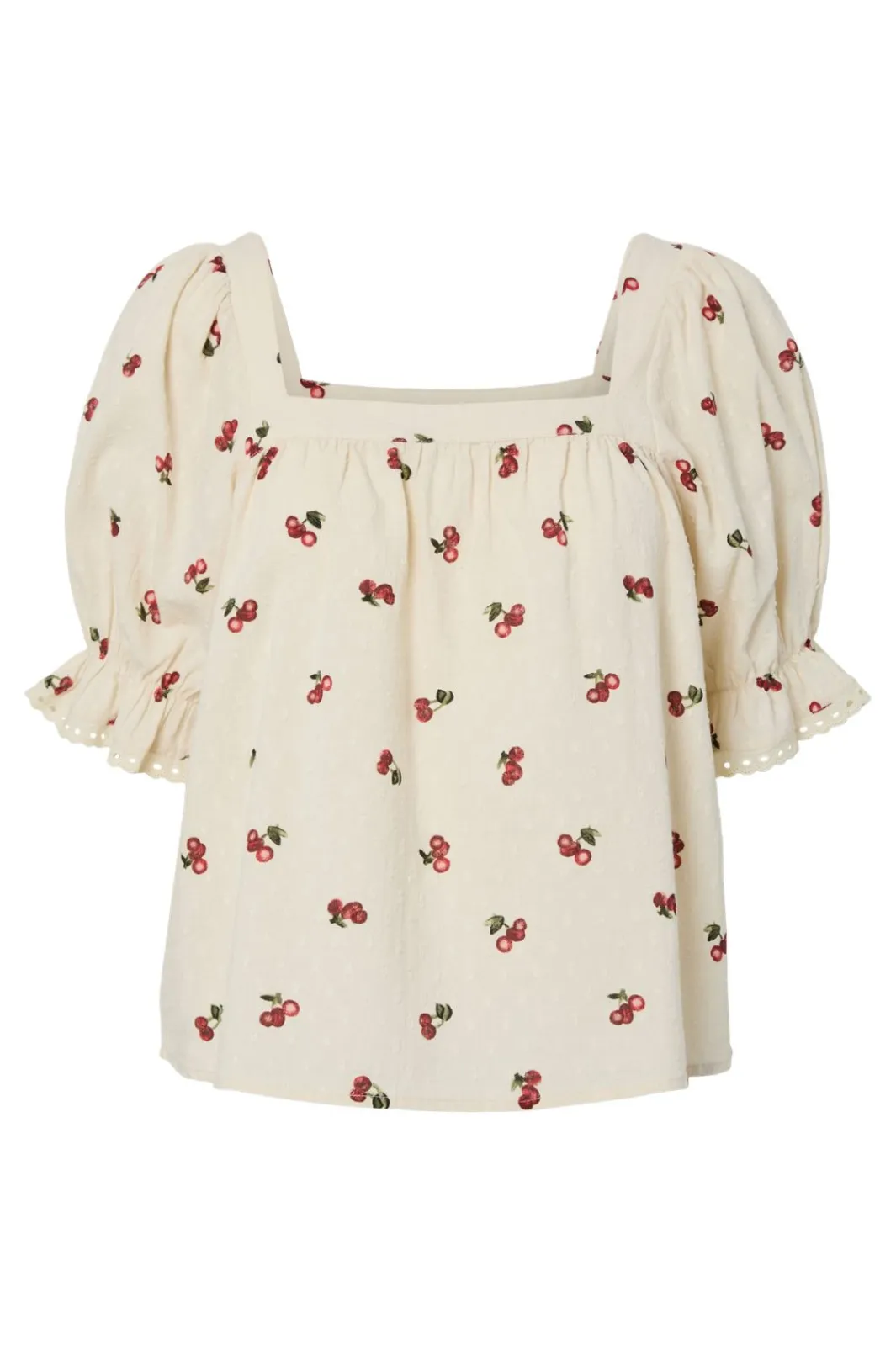 Hot Pieces Pcthea 3/4 Square Neck Top Pp 4936521 Cloud Cream Cherries