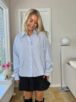 Sale Dear Molly Pearl Bow Shirt 160786C Blue W.black Strip1