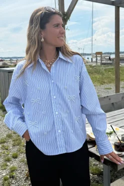 Sale Dear Molly Pearl Bow Shirt 160786C Blue W.black Strip1
