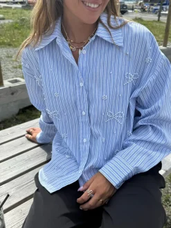 Sale Dear Molly Pearl Bow Shirt 160786C Blue W.black Strip1