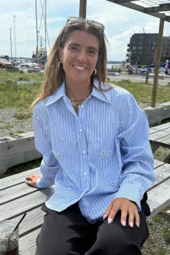Sale Dear Molly Pearl Bow Shirt 160786C Blue W.black Strip1