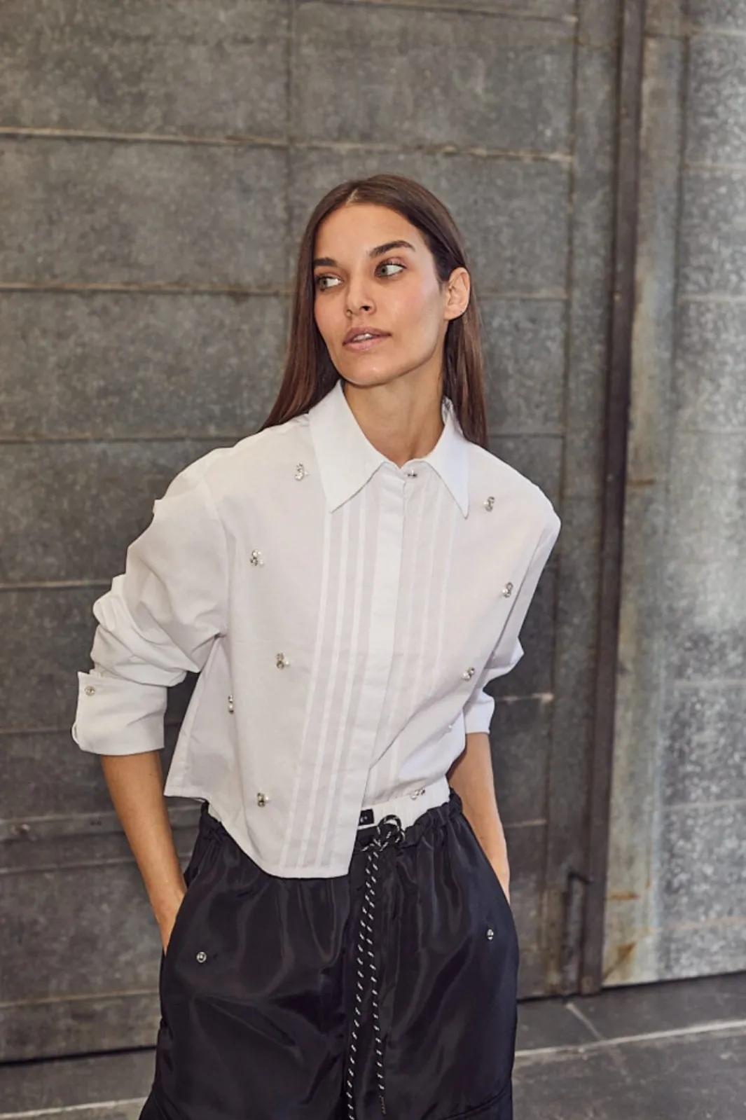 Discount Haute L'Amitié Pearl Crop Shirt HL10334 White