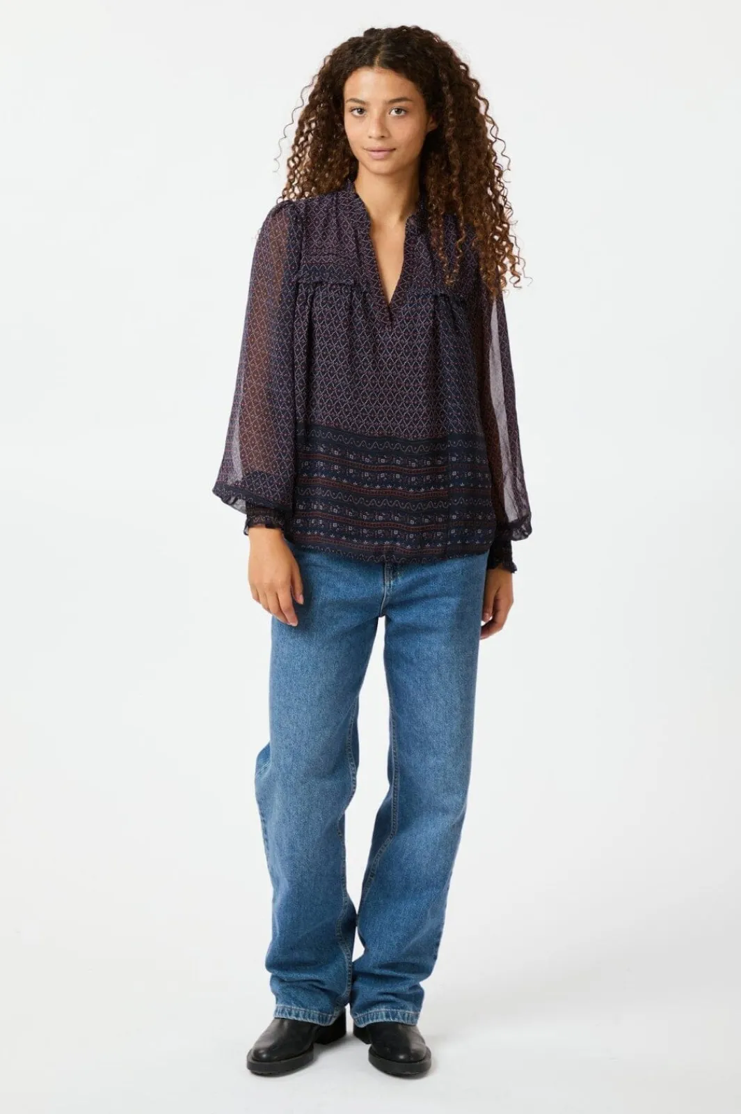 New Neo Noir Rhia Border Pattern Blouse 163994 Navy