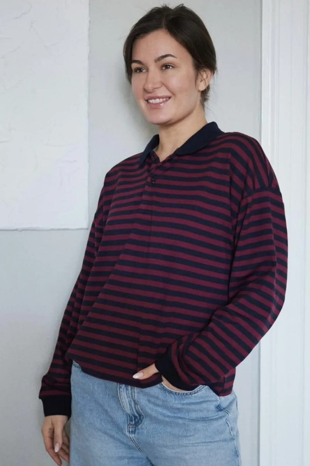 Clearance Neo Noir Sara Wide Stripe Polo Blouse 164258 Navy