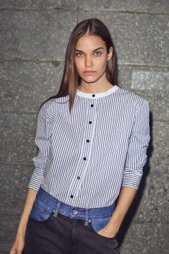 New Haute L'Amitié Stripe Cuff Logo Shirt HL10301 White Blue Stripe
