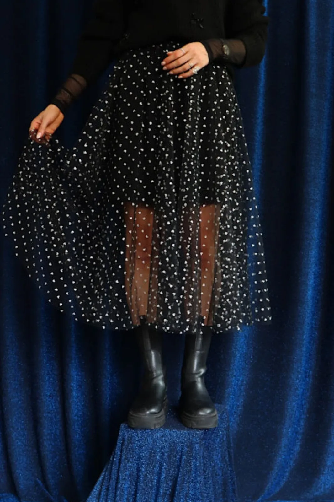 Liberte Tulle Heart Skirt 22098 Black Small Silver Hearts