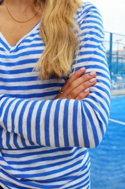 Sale Liberte Ulla-Ls-Vneck-Stripe-Tshirt 22160 Cobolt White Stripe