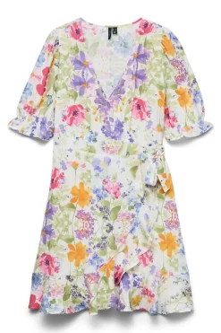 Hot Vero Moda Vmflora 2/4 Wrap Short Dress 4887993 Bright White Multi Flower