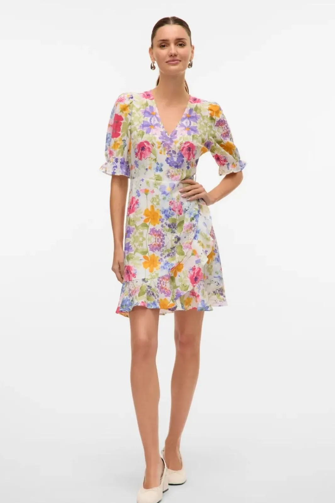 Hot Vero Moda Vmflora 2/4 Wrap Short Dress 4887993 Bright White Multi Flower