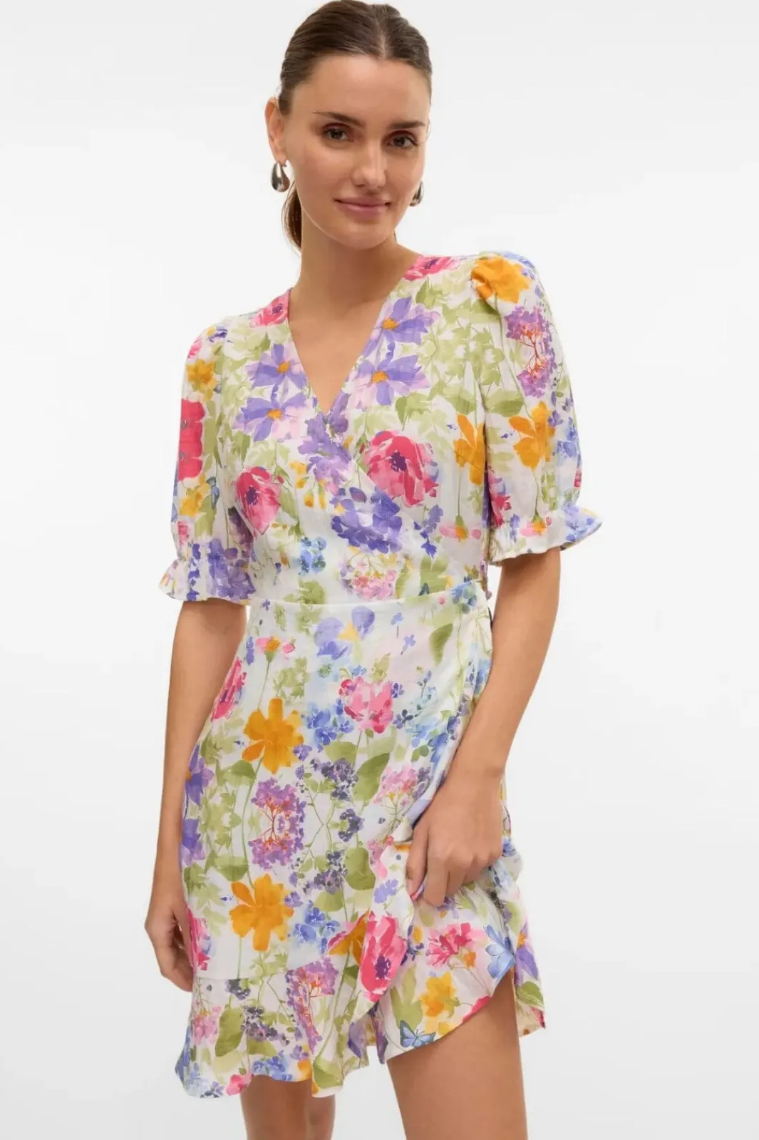Hot Vero Moda Vmflora 2/4 Wrap Short Dress 4887993 Bright White Multi Flower