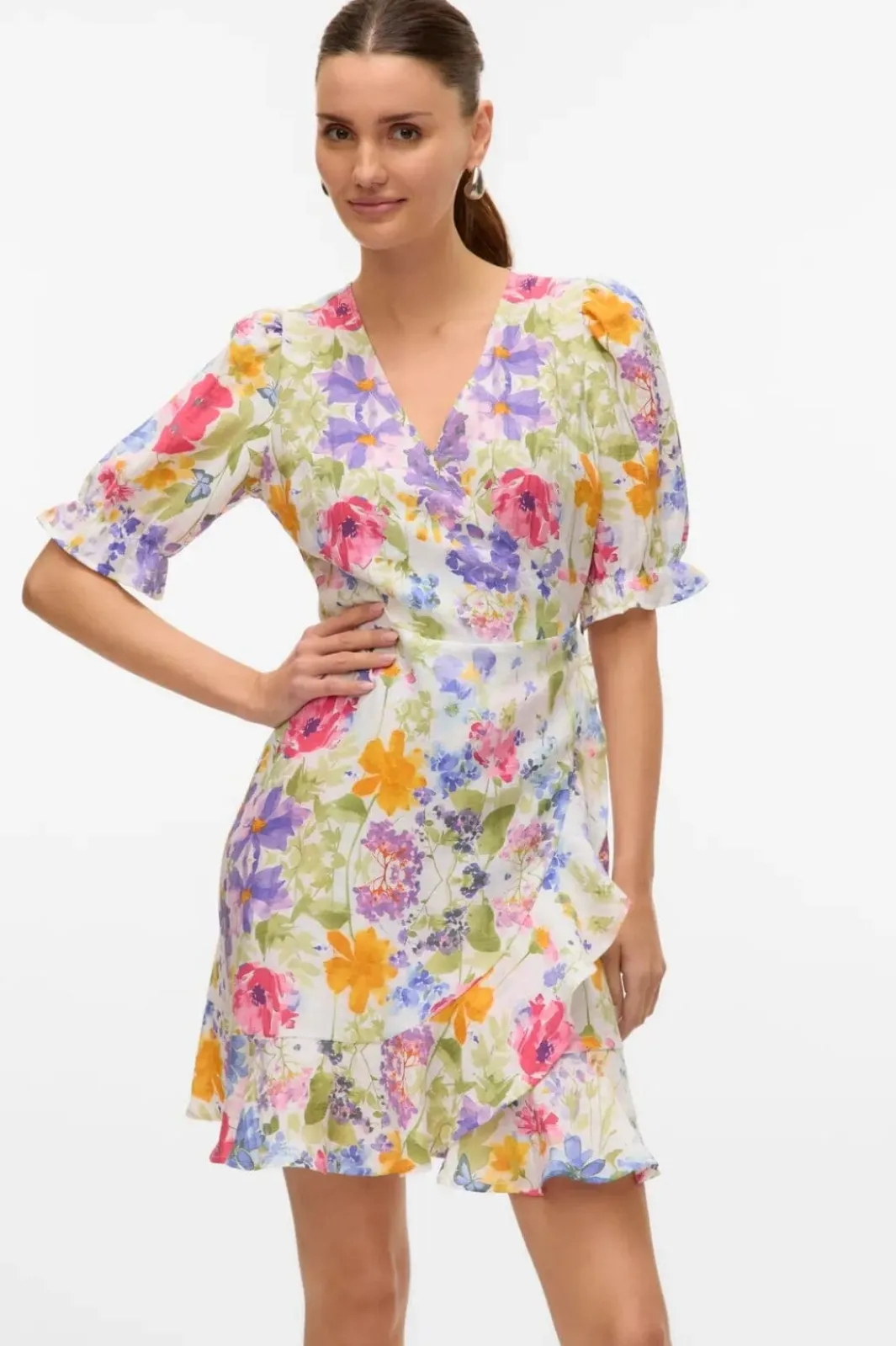 Hot Vero Moda Vmflora 2/4 Wrap Short Dress 4887993 Bright White Multi Flower