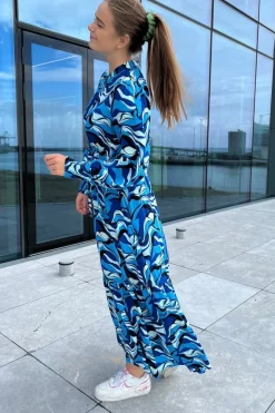 Hot YAS motoro Ls Long Shirt Dress S. Cashmere Blue WAVY PRINT